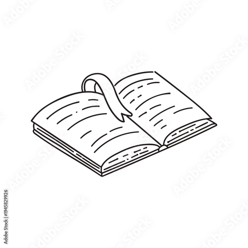 An open hardcover book with a bookmark. Doodle style. Learning information, new knowledge. Hand-drawn. Outline. Vector illustration isolated on white background.