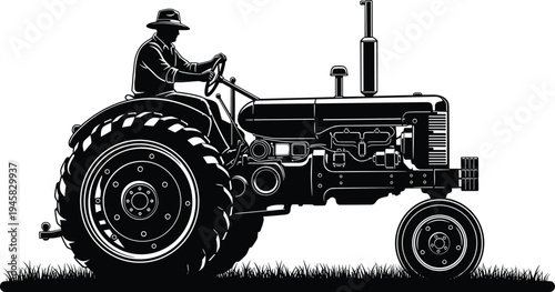 Vintage tractor driver silhouette vector illustration design graphic, agriculture rural machinery art concept, black and white decorative creative collection