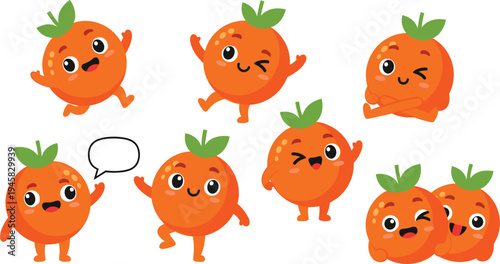 Set of cute orange fruit mascot characters with various emotions and poses including waving winking and jumping in colorful cartoon style for kids design.