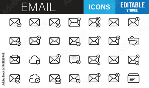 Email inbox send receive message line icons editable stroke set