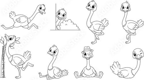 Set of cute ostrich character line art in various poses including running sitting and hiding for children coloring book and animal design.