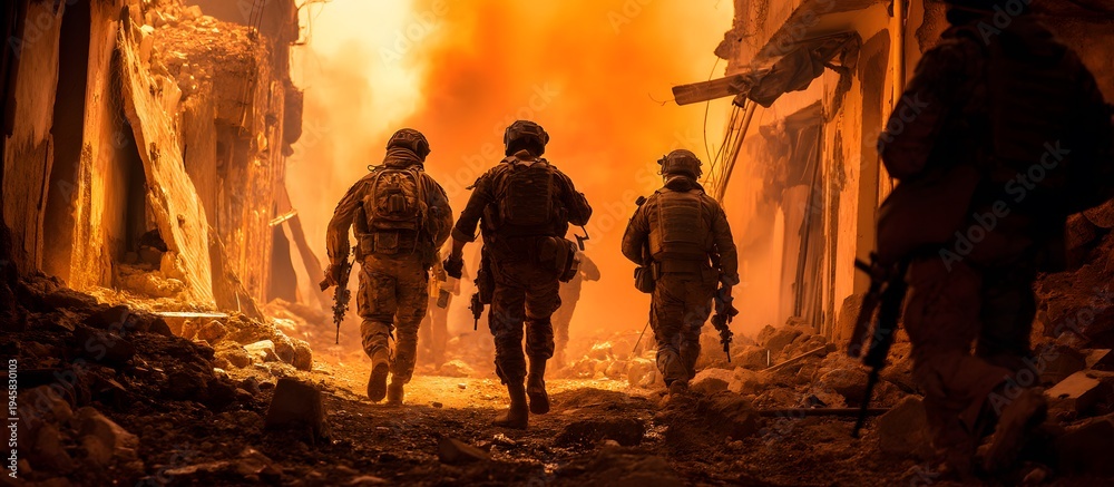 Fototapeta premium Soldiers in a destroyed city, after the war, smoke, ruins, conflict zone
