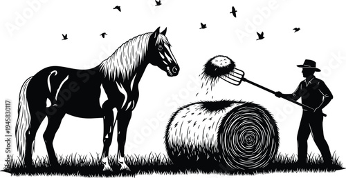 Farm scene farmer horse hay bale silhouette vector illustration design graphic, agriculture rural animal care art concept, black and white decorative creative collection