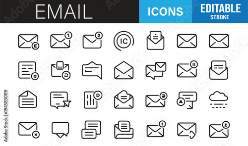 Editable stroke email icons set envelope inbox send message symbols