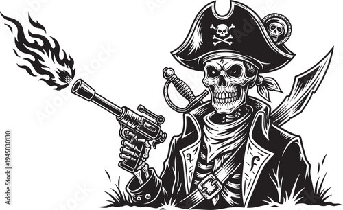 Vintage pirate skeleton captain vector illustration, detailed character with tricorn hat holding flaming flintlock pistol, nautical jolly roger for tattoo and apparel design