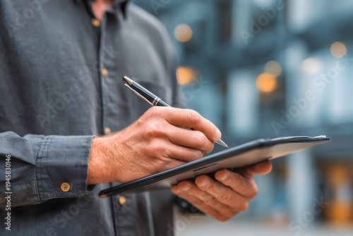 Man's Hands Writing on Digital Tablet with Pen in Modern Office