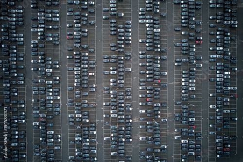 Aerial view of neatly arranged cars in a vast parking lot create a mesmerizing geometric pattern, showcasing urban order and vehicular density, Stone, England, United Kingdom.