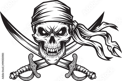 Vintage pirate skull vector illustration, detailed jolly roger with head bandana and crossed sabers, nautical skeleton head for maritime tattoo and apparel design