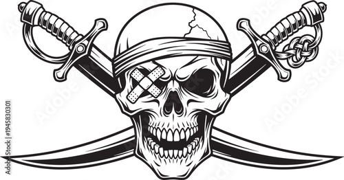 Vintage pirate skull vector illustration, detailed jolly roger with bandage eye patch and crossed sabers, nautical skeleton head for maritime tattoo and apparel design