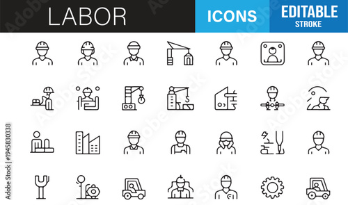 Worker job occupation construction editable stroke line icons collection