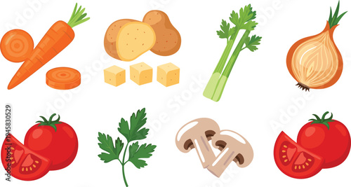 Set of fresh soup vegetable icons featuring carrot potato celery onion tomato and mushroom in colorful flat cartoon style for cooking and healthy food design.