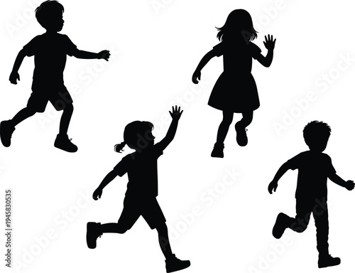 WebChildren silhouettes running and playing, joyful kids activity, childhood fun concept, outdoor movement, friendship and happiness, playful energy, carefree lifestyle, innocence