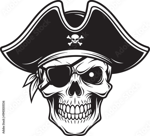 Vintage pirate skull with eyepatch wearing tricorne hat and bandana, hand drawn buccaneer skeleton captain emblem, nautical seafaring adventure vector illustration icon