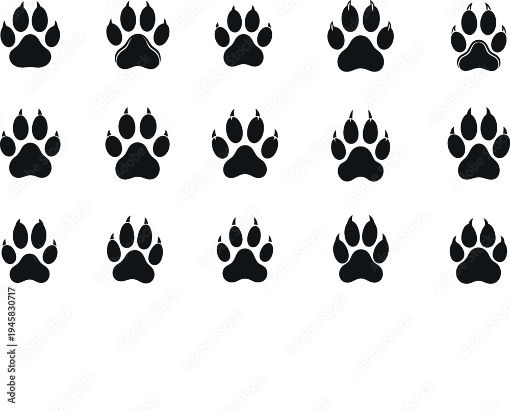 Fototapeta premium Collection of various animal paw prints in silhouette on a white background