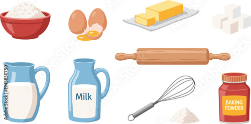 Baking Ingredients and Tools Set Including Flour, Eggs, Butter, Milk, and Whisk for Baking Illustration
