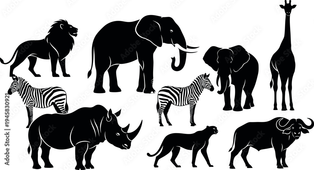Naklejka premium Silhouette of various african animals including elephant zebra and giraffe in black on white background silhouette