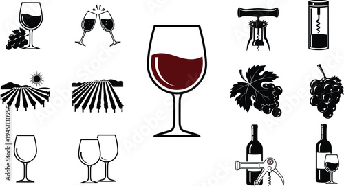 Set of Wine Icons Featuring Vineyard Landscapes Grapes Wine Glasses Bottles Corkscrews and Toasting Symbols Representing Viticulture Winery Business Beverage Service and Fine Dining Luxury