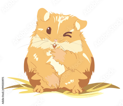 Fluffy hamster sitting in straw and winks. Cute hamster on white background.