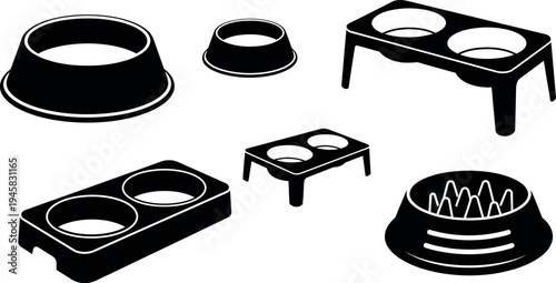 Silhouette of various pet food and water bowl holders and containers
