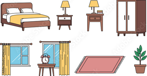 Bedroom Furniture and Decor Set Including Bed, Nightstands, Curtains, Wardrobe, and Plants for Home Illustration