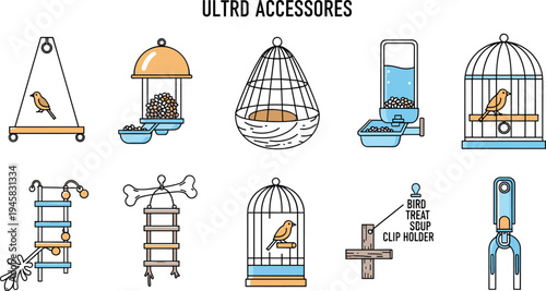 Bird Accessories Set Including Cages, Perches, Feeders, and Treat Holders for Bird Care Illustration