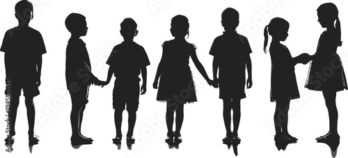WebChildren silhouettes standing in row, holding hands, diverse group, casual clothing, childhood unity, friendship, posture variation, human figures, social representation, illustration