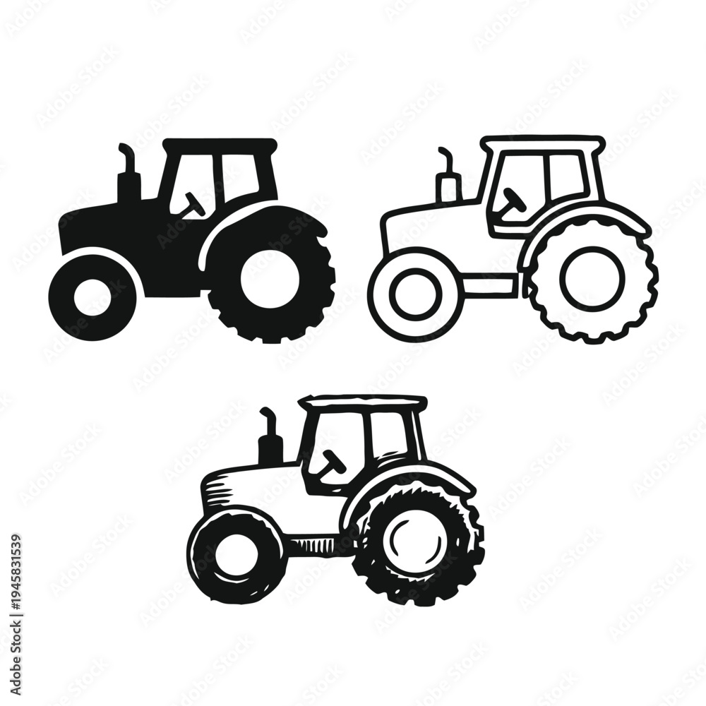 Fototapeta premium Tractor line art and solid fill illustrations in black and white