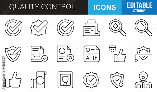 Quality control line icons set with editable stroke featuring quality assurance inspection checklist certification approval standard audit and business verification minimal outline vector collection