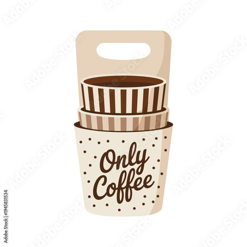 Cartoon illustration of stacked disposable coffee cups with handle