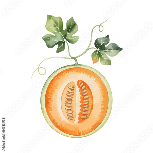 Watercolor illustration of a halved orange melon with green leaves and vines attached