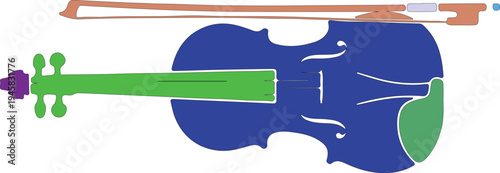 Blue Violin with Green Neck and Brown Bow