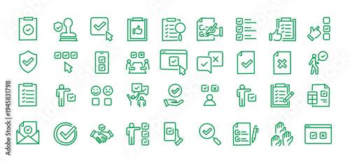 Survey web icons in line style. Opinions, rewiev, feedback, exam, collection.Editable stroke. Vector illustration.