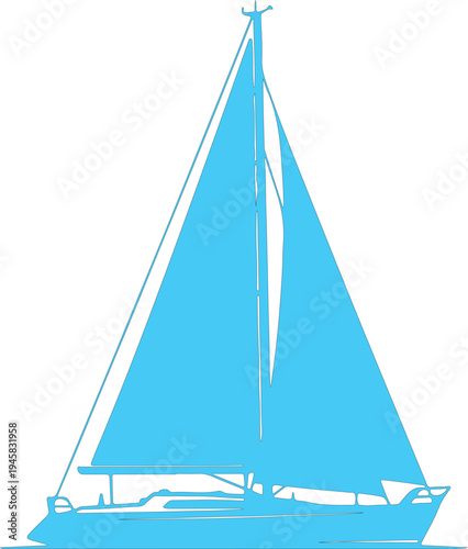 Blue Sailboat Silhouette With Extended Sails on White Background