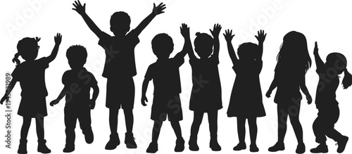 WebChildren silhouettes standing together, playful kids group, childhood unity concept, friendship and joy, diversity in age, innocence, happy lifestyle, energy