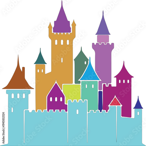Colorful Medieval Castle with Multiple Towers and Walls