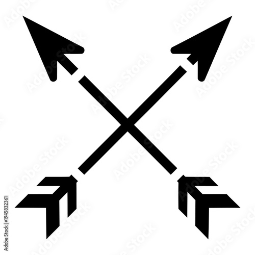 Minimalist black crossed arrows icon representing friendship, direction, and outdoor adventure for logo design and branding.