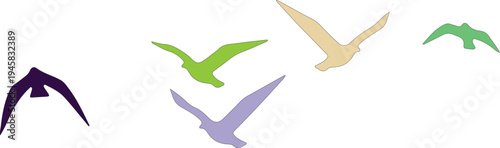 Five Solid Color Bird Silhouettes in Flight flying