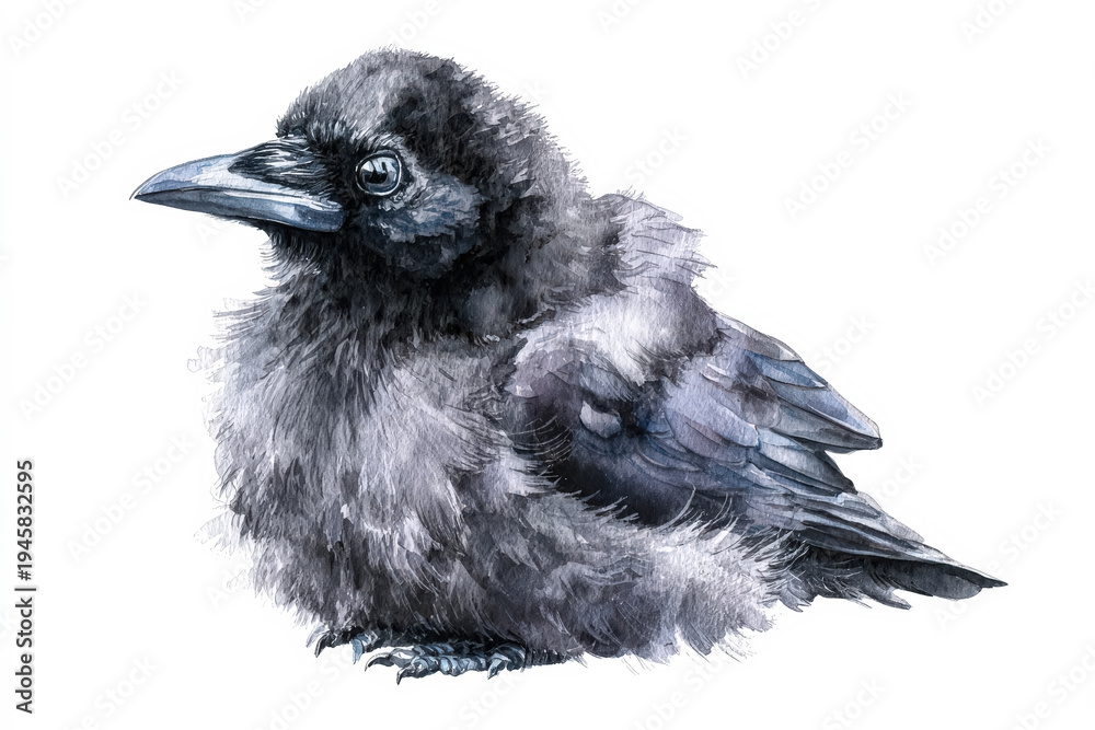 Obraz premium Detailed Illustration of a Young Crow in Watercolor