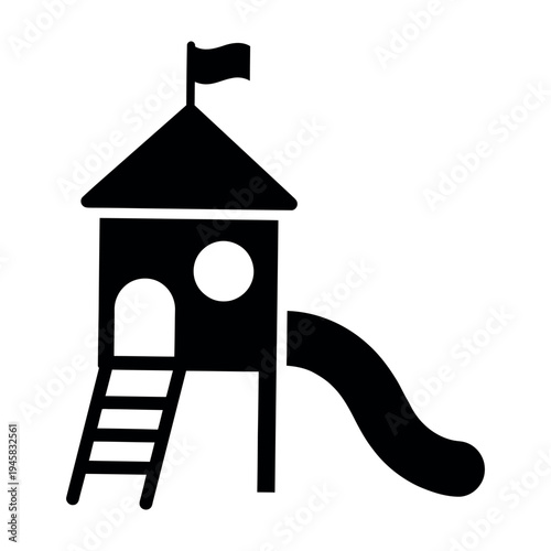 Minimalist Black Silhouette Icon of a Childrens Playground Tower with Slide and Ladder