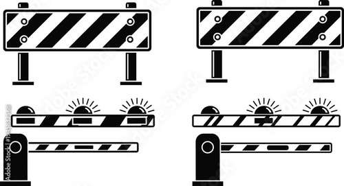 Road barricade and automatic barrier gate icons with warning lights, traffic control safety barriers for construction and road closure vector set