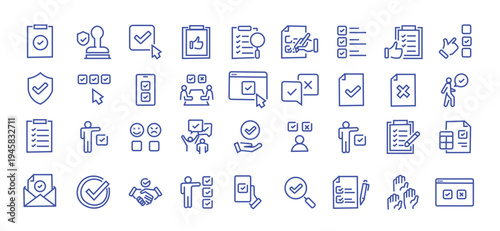 Survey web icons in line style. Opinions, rewiev, feedback, exam, collection.Editable stroke. Vector illustration.