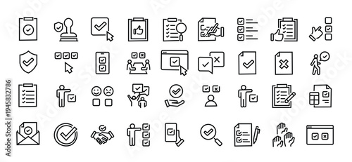 Survey web icons in line style. Opinions, rewiev, feedback, exam, collection.Editable stroke. Vector illustration.