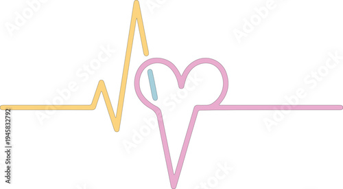 Pink and yellow heart shape integrated into heartbeat line