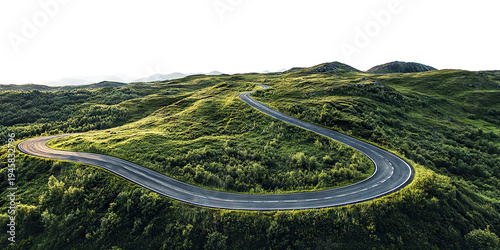 Long serpentine road across grassy hills terrain, isolated on transparent cutout background