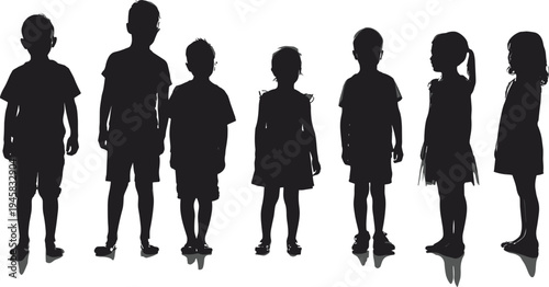 WebChildren silhouettes standing in row, diverse group, boys and girls, casual clothing, childhood unity, posture variation, human figures, social representation, illustration