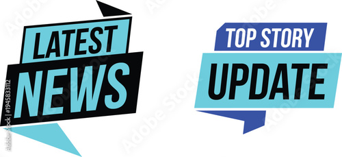 "Modern News Banner Badges with Latest News and Top Story Update Labels - Dynamic Ribbon Announcement Shapes, Breaking News Alert Tags, Media Headline Stickers