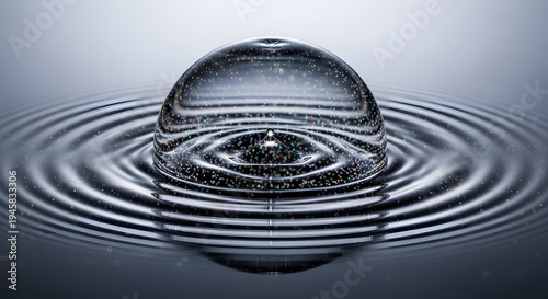 macro view of water surface forming a tension dome and concentric ripple waves after droplet impact illustrating fluid dynamics and surface tension physics in high detail.
