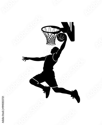 Black silhouette of basketball player dunking ball vector