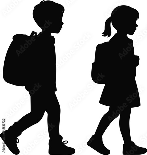 WebChildren silhouettes walking with backpacks, school kids concept, education and learning, childhood journey, student lifestyle, friendship unity, academic growth, innocence