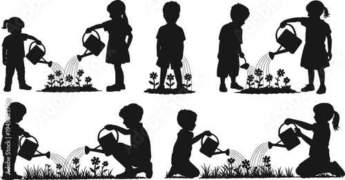 Silhouettes of children nurturing plants with watering cans and flowers, symbolizing care for nature, environmental education, gardening, sustainability, and childhood development themes.